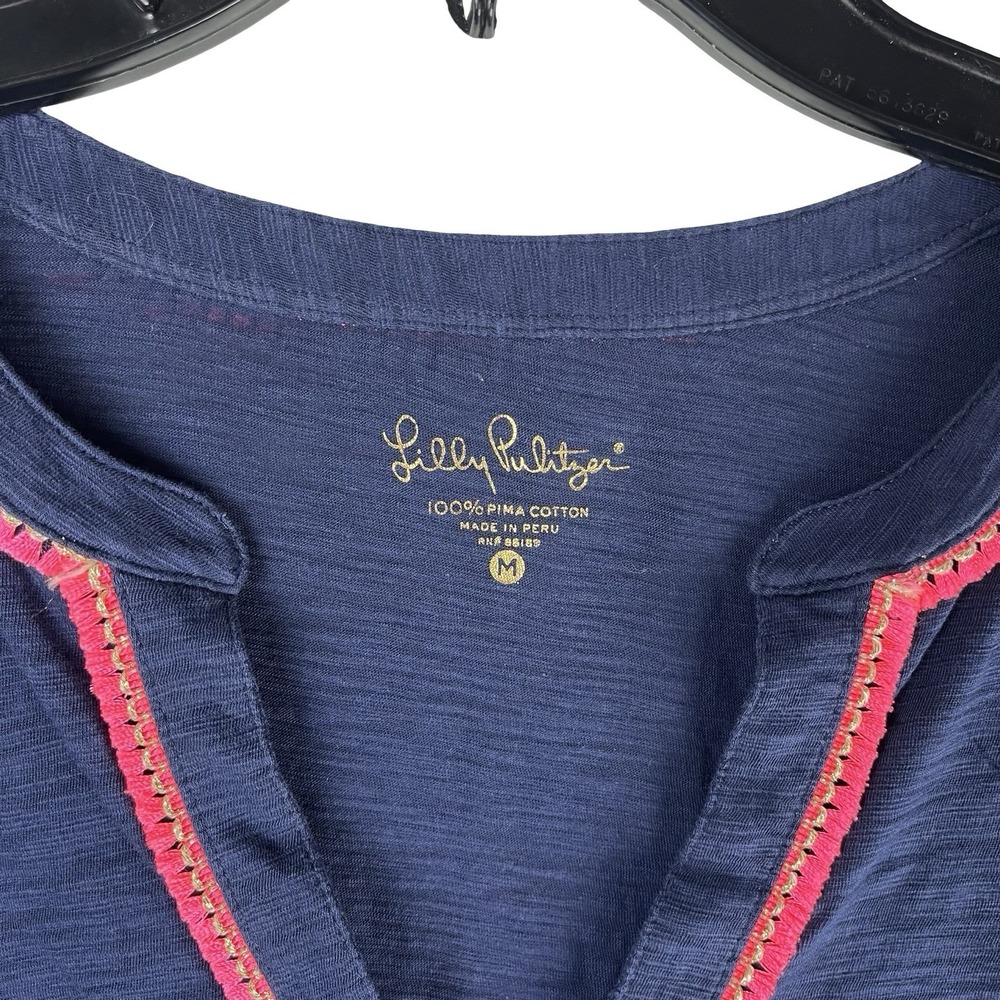 Lilly Pulitzer Kalissa Navy Blue‎ Top Tunic Medium Pink Tassel Trim Long Sleeve - Picture 3 of 9